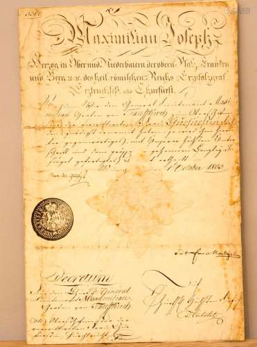 Urkunde mit Autograph von  Maximilian I. Joseph, Herzog von ...