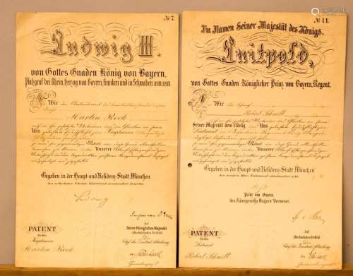 Zwei Patente mit Autograph von Prinzregent Luitpold von Baye...