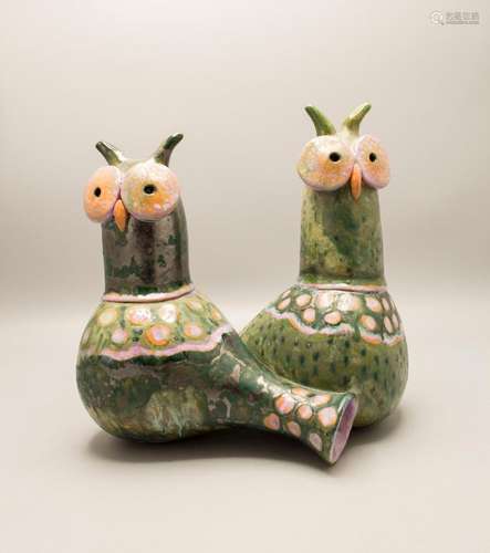 Keramik-Zierobjekt  Eulenpaar  / A ceramic figure of two owl...