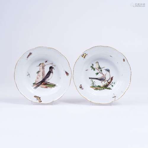 A Pair of Deep Plates with Bird Painting.