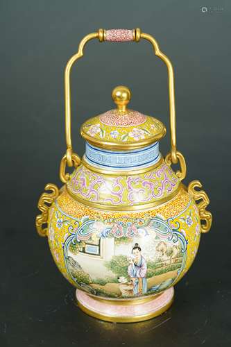 A Cloisonne story pot with handle