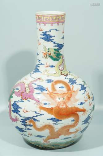 A Famille Rose Dragon Bottle Vase