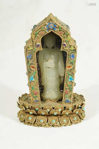 A SILVER Glazed Embellished Gem stones Jade Guanyin
