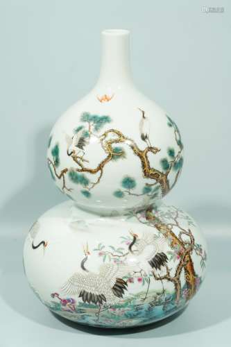 A Famille Rose Pine and Crane Vase