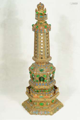 A SILVER-GILT Inlaid gemstone pagoda