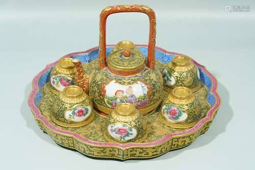 A Cloisonne Gilt-Decorated Figure Teaset