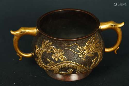 A Gilt-Bronze double ear censer