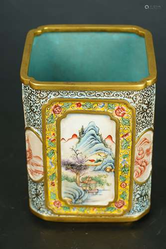 A Cloisonne Landscape Brush pot