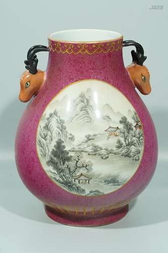 A Famille Rose landscape Deer-head Vase