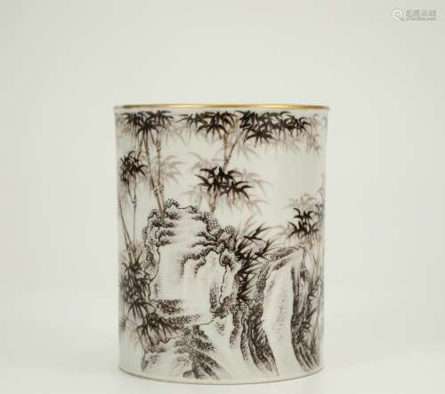 En Grisaille Porcelain Bamboo Brush Pot, China