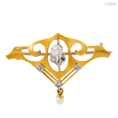 Jugendstil Brosche mit Altschliffdiamant ca. 0,15 ct,