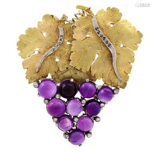 Brosche "Weintraube" mit Amethystcabochons und Dia...