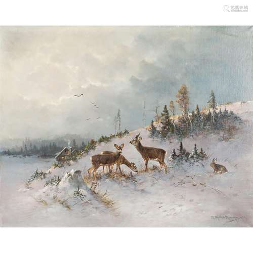 MÜLLER, MORITZ II (1869-1934) "Rotwild in Winterlandsch...