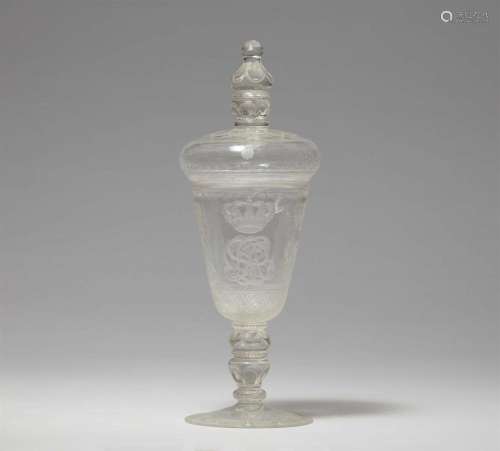 An important cut glass goblet with four royal monograms
