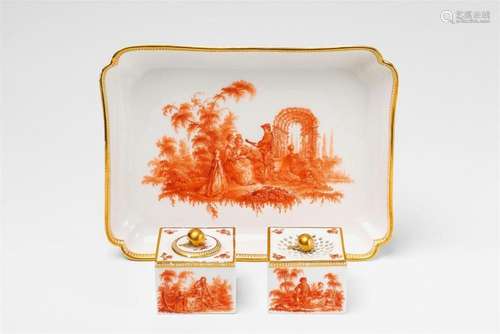 A Berlin KPM porcelain writing set with Watteau scenes