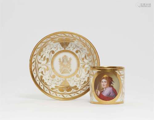 A porcelain cup and saucer with a portrait of an actress as ...