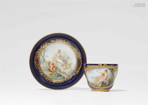 A Meissen porcelain cup and saucer with mythological scenes