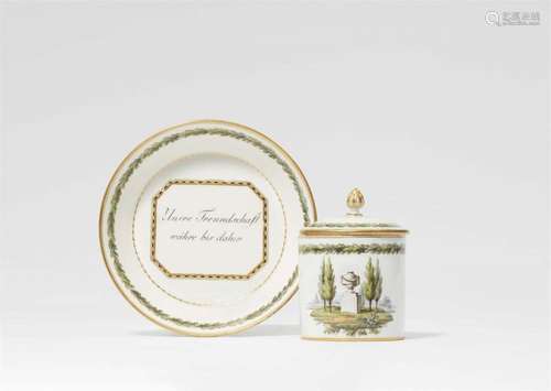 A Meissen porcelain lidded cup and saucer as a friendship to...