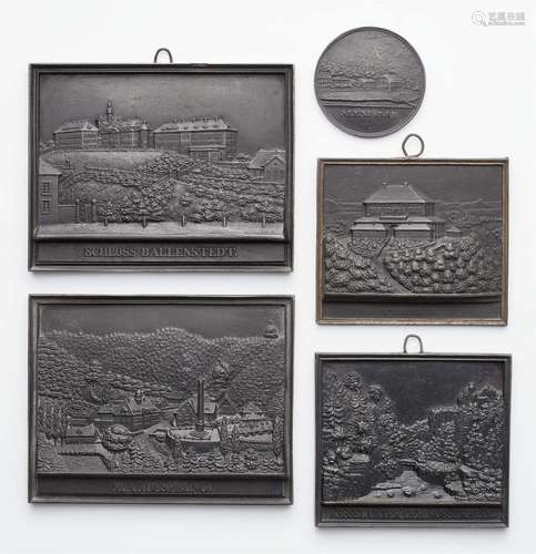 Five cast iron plaques with views of the Harz region