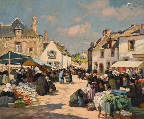 Henri BARNOIN (1882-1940) "Marché du Faouët" hst s...