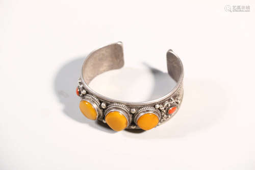 Silver Inlaid Amber and Coral Bracelet