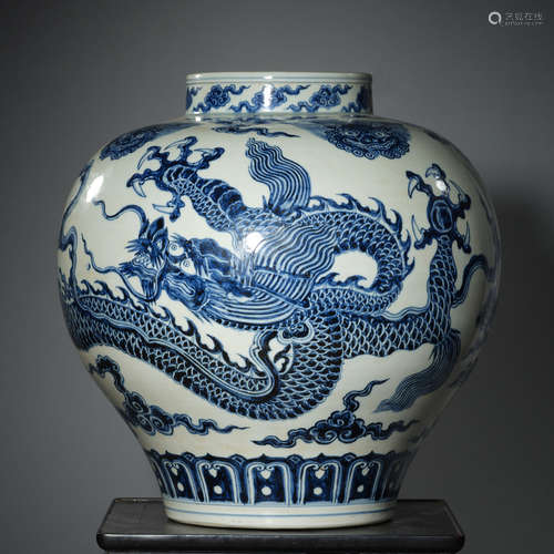 Ming Dynasty Xuande, blue and white, dragon grain, Can