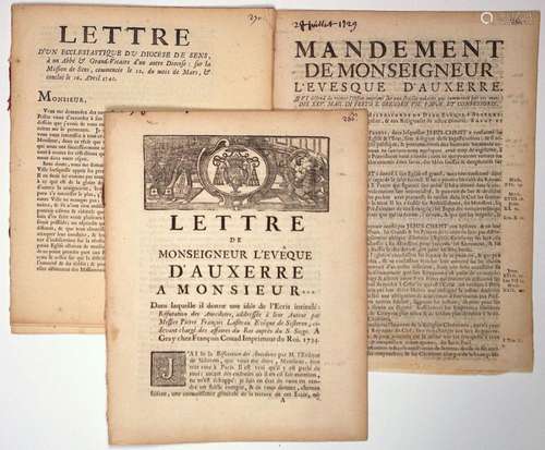 YONNE. 3 Imprimés XVIIIe S. : « Mandement de Monseigneur l’É...