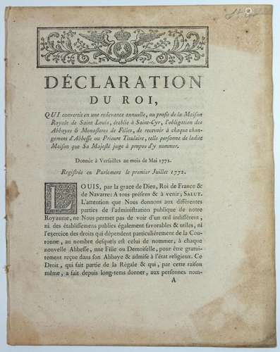 MAISON DE SAINT CYR (78). « Déclaration du Roi (Louis XV)