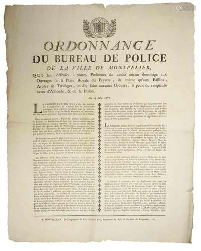 MONTPELLIER (Hérault) 1775 « Ordonnance du Bureau de POLICE ...