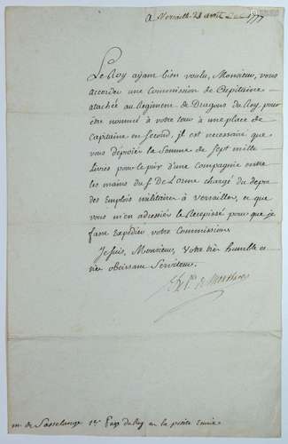 VERSAILLES (Château de) 21 avril 1777 – Lettre signée le Pri...