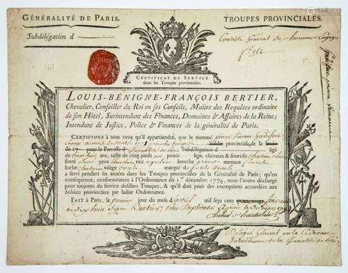 TROUPES PROVINCIALES DE PARIS. Généralité de Paris - Certifi...