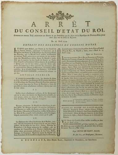 GIRONDE. 1779. COMMERCE AVEC LES PAYS-BAS. NOUVEAU TARIF DOU...