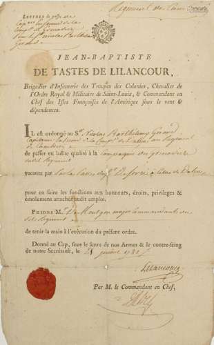 SAINT DOMINGUE. 1781.  Pièce signée « Jean-Baptiste DE TASTE...