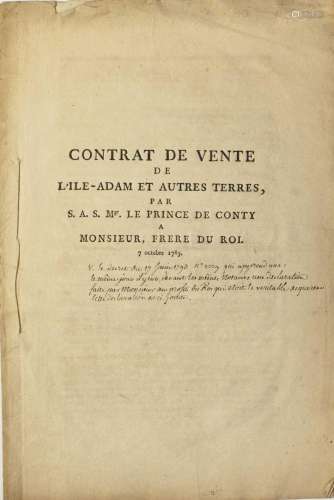VAL D’OISE. OISE. 1783. « Contrat de vente de L’ISLE-ADAM et...