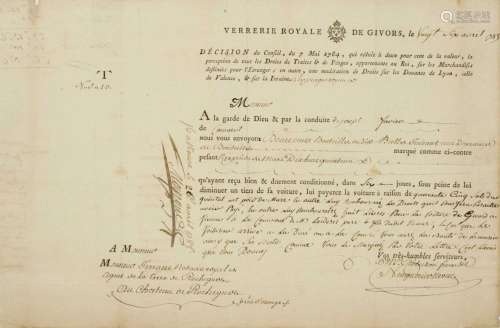 RHONE. VAUCLUSE. 1785. DOUANE « VERRERIE ROYALE DE GIVORS (6...