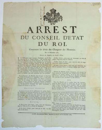 PROVENCE. 1785. CHANGEURS DES MONNAIES : « Arrest du Conseil...