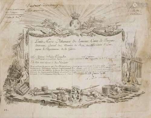 BREVET DE RÉCOMPENSE MILITAIRE. 1788 - « RÉGIMENT DE METZ AR...