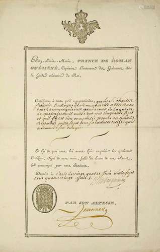 GENDARMES DE LA GARDE DU ROI LOUIS XVI.  Pièce Signée Henri-...