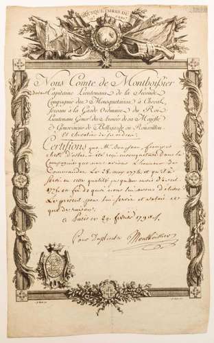 MOUSQUETAIRES DU ROI LOUIS XVI. Certificat de service milita...