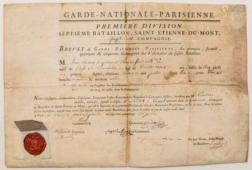 RÉVOLUTION 1790. Brevet de Volontaire dans la GARDE-NATIONAL...