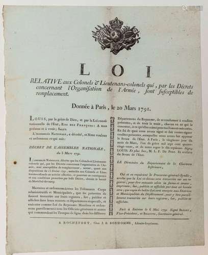 RÉVOLUTION. 1791. RÉORGANISATION DE L’ARMÉE. CHARENTE-MARITI...