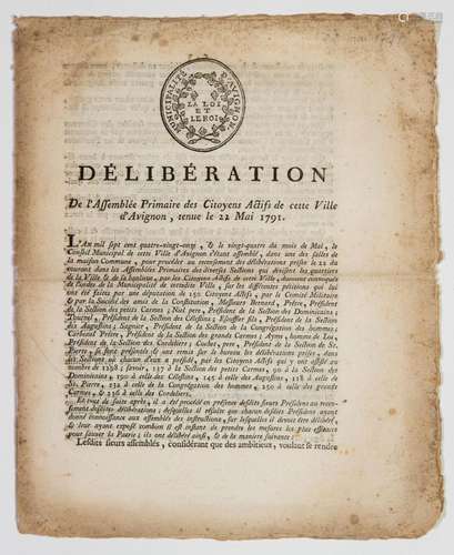 AVIGNON (84). 1791. RÉVOLUTION. « Délibération de L’ASSEMBLÉ...