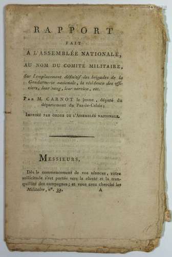 Lazare CARNOT.  GENDARMERIE. RÉVOLUTION. - “Rapport fait à l...