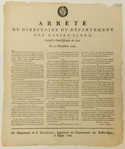 BASSE-ALPES. 1791. JUSTICE RÉVOLUTIONNAIRE. « Arrêté du Dire...