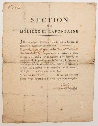 PARIS 1792. “SECTION DE MOLIÈRE ET LA FONTAINE” (En-tête imp...