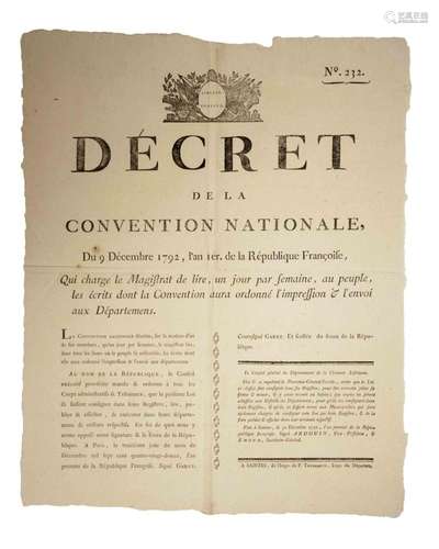 IMPRESSION DES LOIS. GARAT « Décret de la CONVENTION NATIONA...