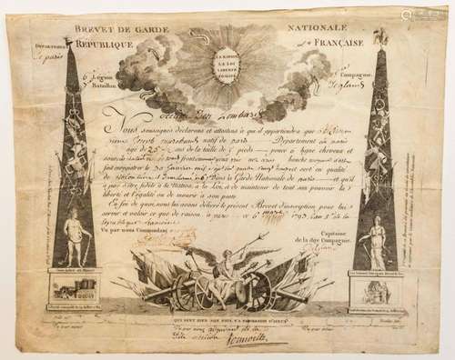 PARIS. GARDE NATIONALE 1793. Section des Lombards. Brevet d’...