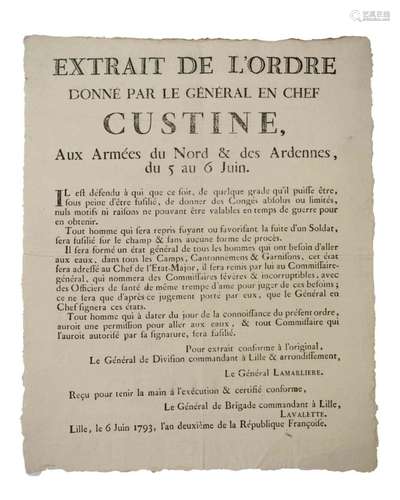 CUSTINE. LILLE (59) le 6 Juin 1793