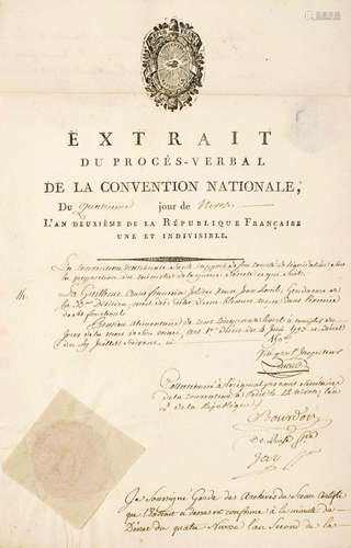 GENDARMERIE. « Extrait du procès-verbal de LA CONVENTION NAT...