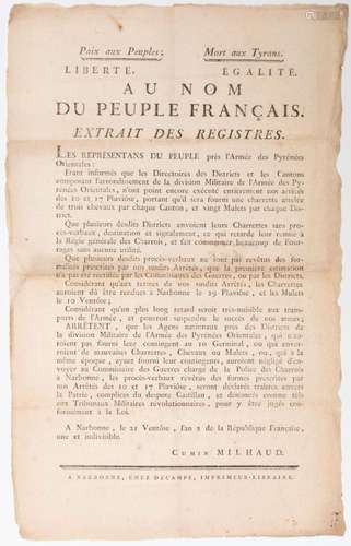 AUDE. 1794. « LES REPRÉSENTANTS DU PEUPLE près l’Armée des P...